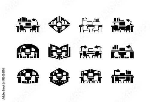 Coworking Logo Set. Coworking library-style spaces. Icon set. Set Logo of coworking library-style spaces: modern coworking desk setup. harmonious