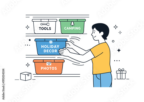 Easy access storage solution. A person easily pulling the correct labeled bin from a shelf, smooth motion lines showing efficiency and