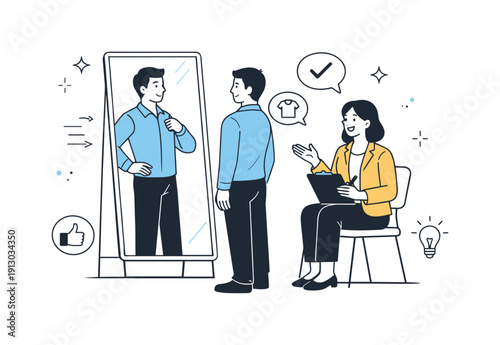 Mirror Feedback Exchange. Professional feedback through reflection. A client and advisor reviewing posture or appearance using a mirror, relaxed interaction