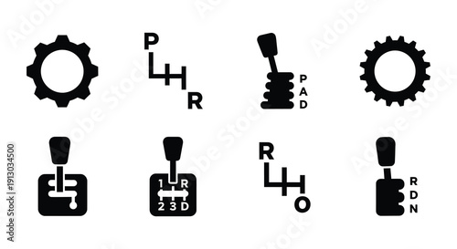 Various automotive gear shift patterns displayed in black and white