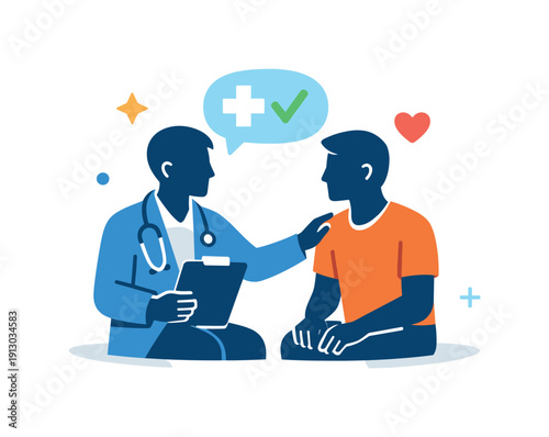    Healthcare concept doctor and patient silhouettes interacting with clear gestures, reflecting support, understanding and professional care. A