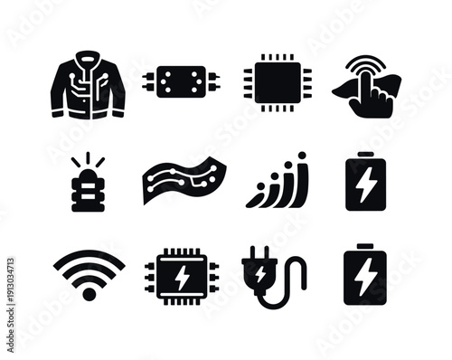  Smart clothing technology. Filled icon set of Smart clothing technology: smart jacket,