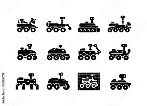Planetary Rover Icons. Planetary Rovers. Solid icon set of Planetary Rovers: moon rover, mars rover, tracked rover, six-wheel rover, compact rover, autonomous