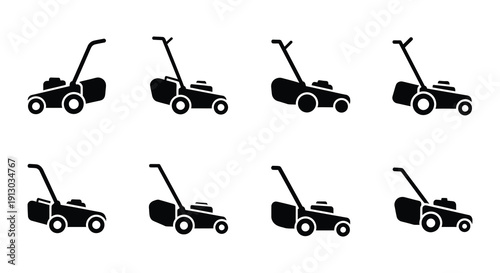 Collection of black silhouette lawnmower icons in various styles