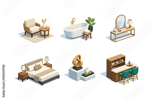    Luxury restraint. Isometric flat vector icons set of luxury restraint: uncluttered interior vignette, balanced composition layout, subtle