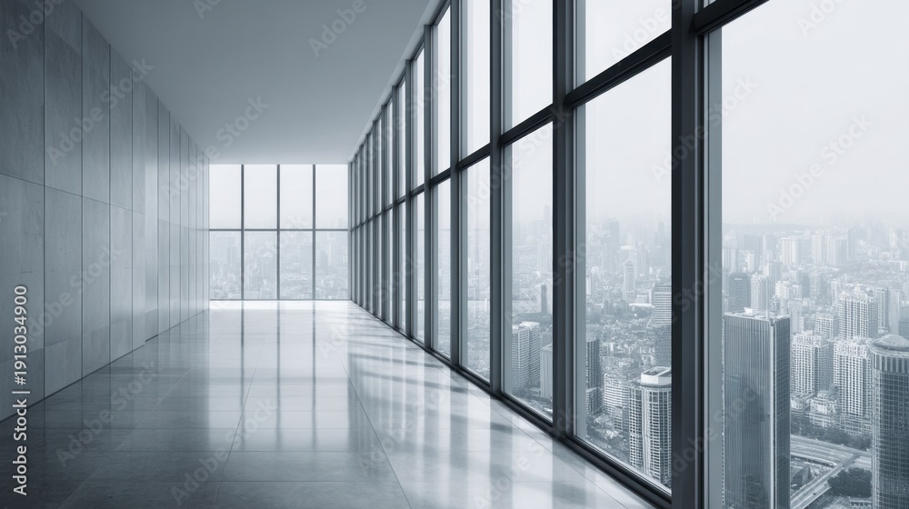 Obraz premium Modern Office Interior with Floor-to-Ceiling Windows Overlooking Urban Landscape in Soft Light during Foggy Weather for Architectural Photography