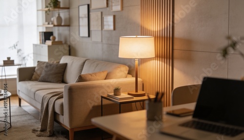 Cozy living room background, modern sofa, warm lamp light, neutral decor, depth of field blur, home office Zoom background, unique composition, different layout, creative perspective 