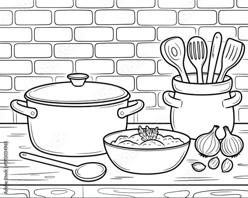 Line art illustration of leek soup in a rustic kitchen environment, featuring minimalist culinary sketch style ideal for restaurant menus, recipe books, organic food branding, and farmhouse cooking th