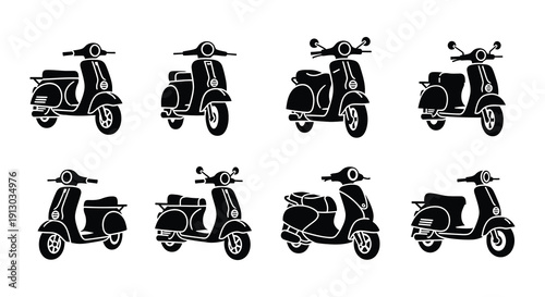 Collection of black scooter icons in various perspectives and views