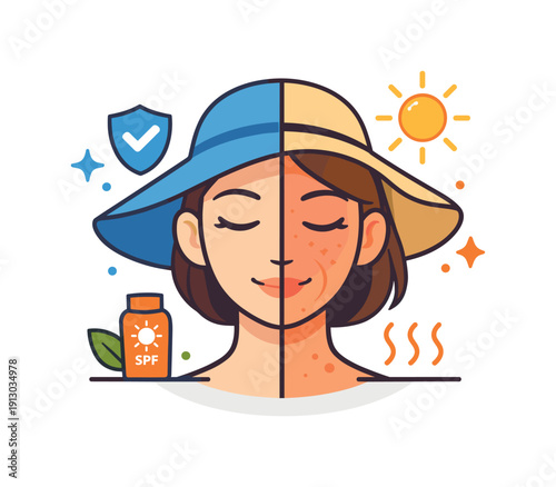 Sunlight and Skin Contrast. How the sun affects our skin shown as a human face half shaded and half exposed to sunlight, highlighting contrast