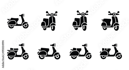 Collection of black scooter icons in various perspectives and views