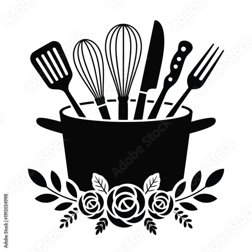 Black kitchen elements,  featuring silhouette cooking tools, and utensils, ideal for restaurant branding, culinary design projects, menu graphics, food icons, and modern kitchen illustrations