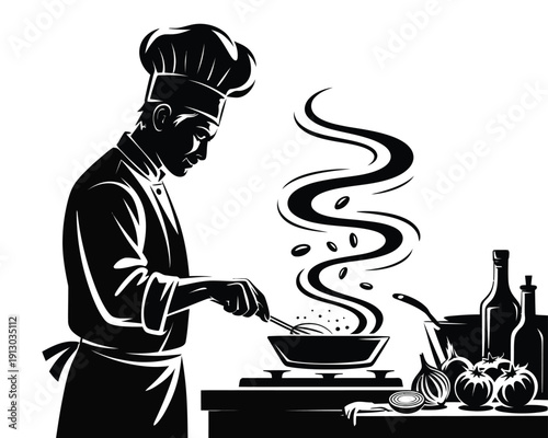 Black silhouette, of a chef flipping food, in a frying pan isolated on white background, perfect for restaurant branding, culinary logos, kitchen graphics, and food business design projects