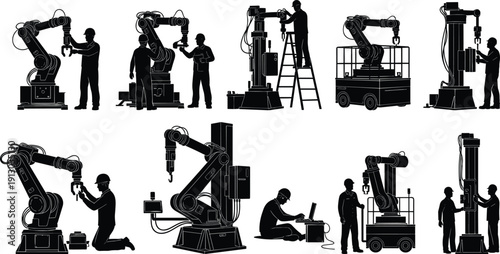 Industrial robotic arms silhouettes, human workers, programming, maintenance, inspection, operation, collaboration, automation, manufacturing, repair illustration, vector art technology