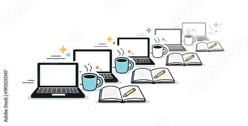   Repetition of days aesthetics. Morning coffee, laptop, and notebook arranged identically each day, shown with slight echoes behind them. Calm