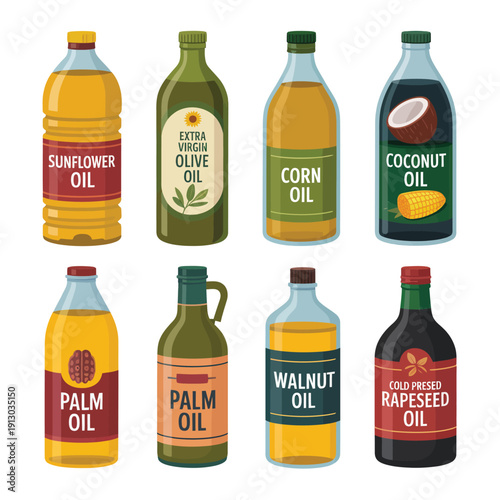 Vector set of pictures of different types of oil for cooking Vector set of different types of cooking oil bottles, featuring olive, vegetable, sesame, and other oils, perfect for culinary designs, res