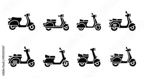 Collection of black scooter icons in various perspectives and views