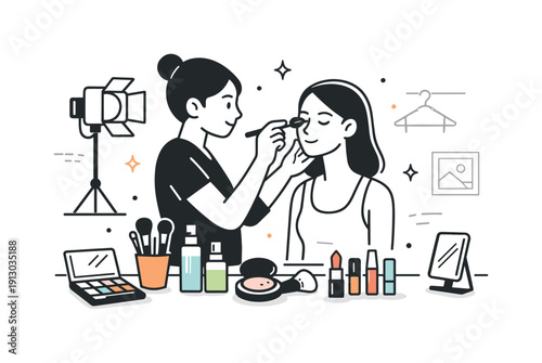 Studio Makeup Session. A makeup artist applying makeup for a photoshoot. A studio preparation scene with makeup tools laid out while the artist works