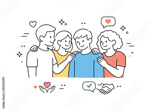 Support systems concept. A group of people standing close together, offering help and encouragement, expressing trust, care, and emotional