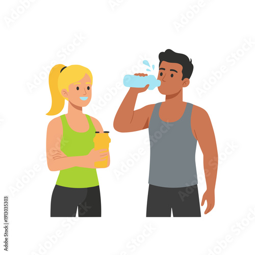 people in sportswear drinking water, couple hydrating after workout, man and woman with bottles, post training refreshment, fitness hydration routine, thirsty athletes resting, healthy lifestyle conce