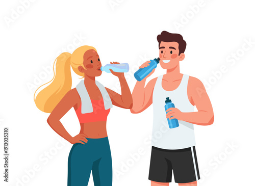 people in sportswear drinking water, couple hydrating after workout, man and woman with bottles, post training refreshment, fitness hydration routine, thirsty athletes resting, healthy lifestyle conce