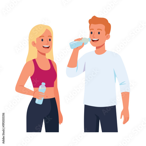 people in sportswear drinking water, couple hydrating after workout, man and woman with bottles, post training refreshment, fitness hydration routine, thirsty athletes resting, healthy lifestyle conce