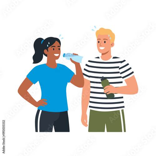 people in sportswear drinking water, couple hydrating after workout, man and woman with bottles, post training refreshment, fitness hydration routine, thirsty athletes resting, healthy lifestyle conce