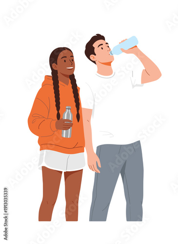people in sportswear drinking water, couple hydrating after workout, man and woman with bottles, post training refreshment, fitness hydration routine, thirsty athletes resting, healthy lifestyle conce