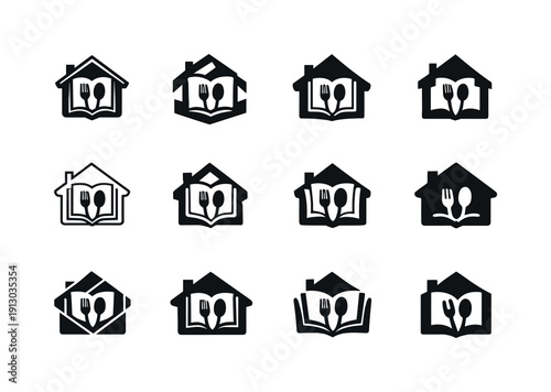   Home-based cooking and meal prep. Icon set. Set Logo of Home-based cooking and meal prep: recipe notebook. harmonious logo variations of the