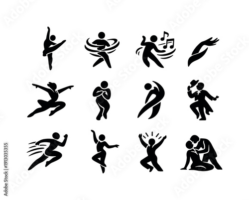 Expressive movement. Solid icon set of expressive movement: stylized dance pose, movement flair, musicality in motion, fluid arm line,