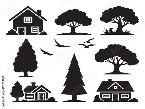 Serene countryside tree silhouette collection for stunning rural illustrations