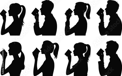 People drinking silhouettes collection illustration featuring men women beverage refreshment lifestyle social activity modern flat design graphic concept