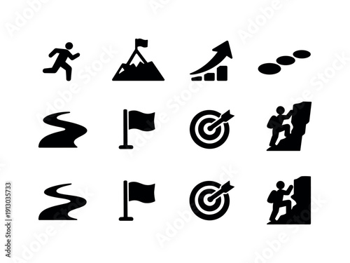   Persistence journey. Filled icon set of Persistence journey: runner icon, mountain peak,