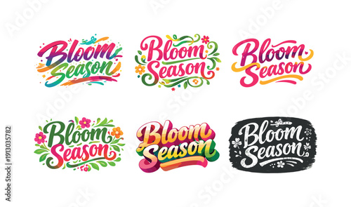 Bloom season colors. Set lettering. harmonious lettering variations of the same emblematic concept, each with different artistic