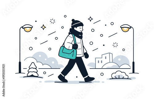   Snowy street commute. A person walking with a bag through falling snow, focused and peaceful mood. Clean editorial scene with streetlights