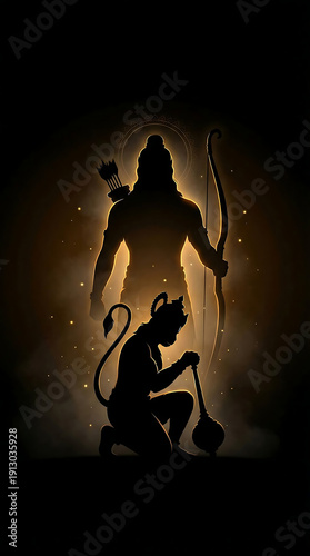 Lord Hanuman Kneeling Before Lord Rama in Divine Golden Light, Hanuman Jayanti and Ram Navami Spiritual Hindu Art