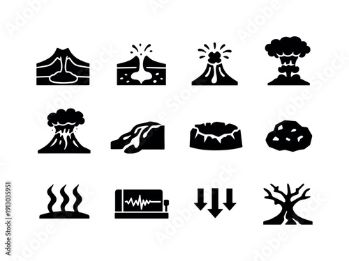 Volcanology. Solid icon set of Volcanology: volcano cross section, magma chamber, lava vent, ash cloud, eruption plume, lava flow, crater