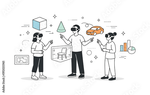 Virtual Prototype Collaboration. Virtual reality collaboration. Small group reviewing virtual prototypes together, standing in an open space. Calm innovation