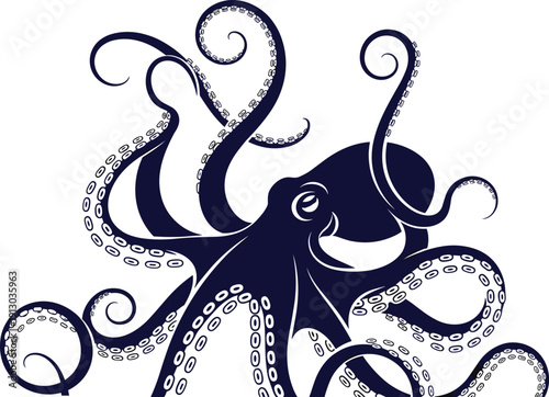 Stylized octopus illustration in dark navy blue, detailed tentacles with suction cups, dynamic marine wildlife vector design for ocean nature and decorative projects