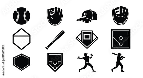 Black silhouette icons representing various elements of baseball