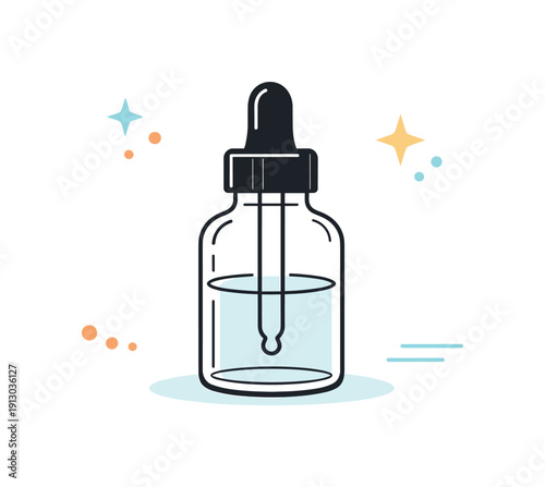 Minimalist Essential Oil Design. Minimal essential oil bottle. Single glass bottle with dropper centered in the composition, emphasizing purity and focus.