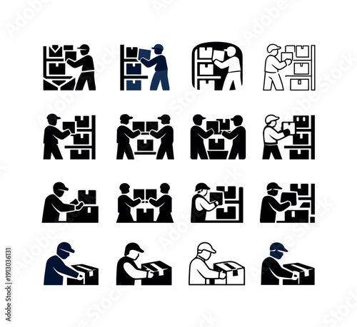 Warehouse Logo Variations. Warehouse staff. Icon set. Set Logo of Warehouse staff organizing and packing: organized shelf with labeled inventory. harmonious