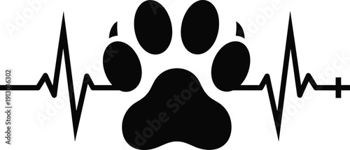 Stylized paw print with electrocardiogram heartbeat lines and medical cross, black veterinary vector illustration symbolizing pet care, health and animal medicine projects