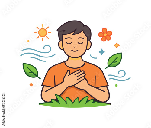    Spring mindfulness a relaxed person breathing deeply surrounded by light leaves and gentle air accents, symbolizing awareness, self care, and