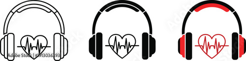 Headphones with heart rate symbols in black and red
