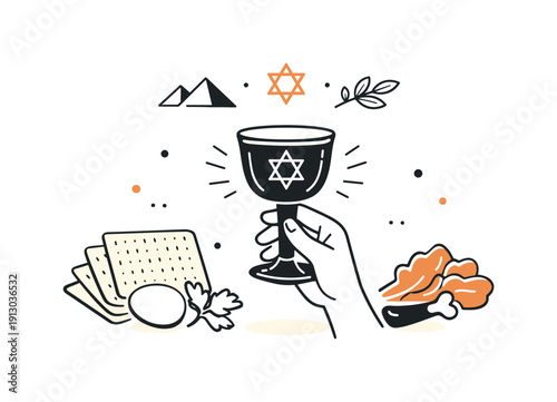 Passover symbolic illustration. A wine cup lifted gently with subtle motion lines, symbolizing ritual and celebration. The scene feels warm,