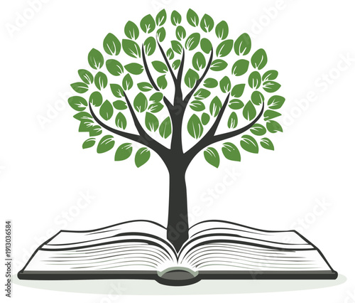 Open book with tree growing out of it symbolizing knowledge and growth, education concept with leaves