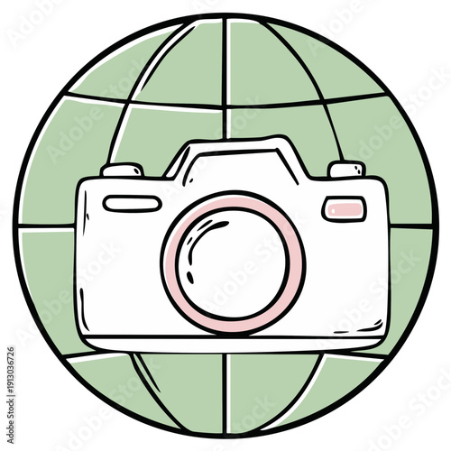 Hand drawn illustration of a camera over a globe for travel photography and tourism concepts