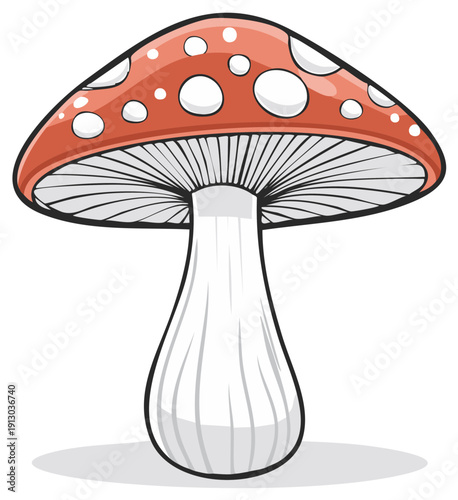 Amanita Muscaria Mushroom Illustration with Red Cap and White Spots in Vector Style
