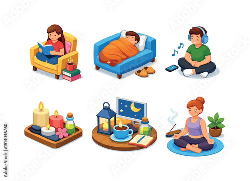 Relaxation routine. Isometric flat vector icons set of relaxation routine: cozy reading moment, warm blanket rest, soft music listening,